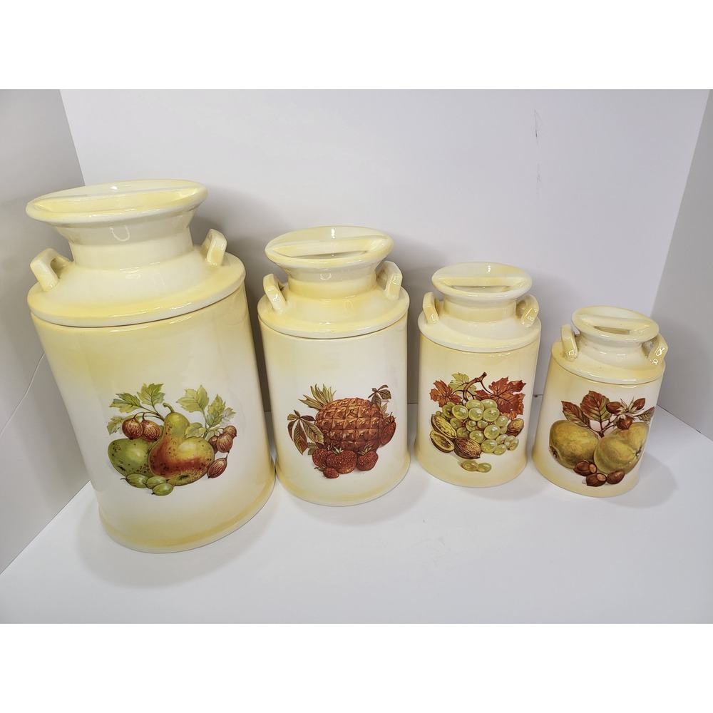 Vintage Pennie Buchanan Ceramic Milk Can Kitchen Canister Set Fruit Motif 4pc